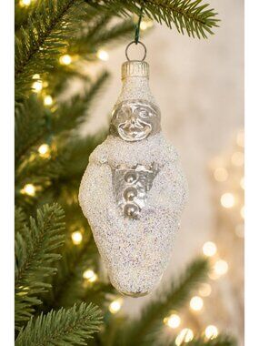 Vintage GesGesch Germany White Glitter Snowman Clown Glass Christmas Ornament 4"